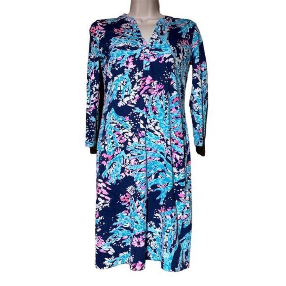 Lilly Pulitzer Delora Dress High Tide Navy XS Floral Knee Length V-Neck Casual